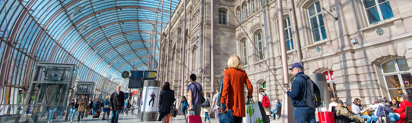 Business professionals walking through busy terminal